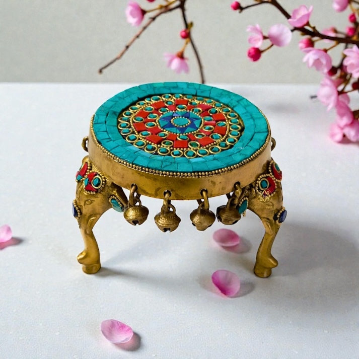 Shringar Vedika – Handcrafted Brass Chowki with Colourful Stonework & Bells – Brass | Pooja Decor | Diwali Gift | Home Decor | Housewarming Gift