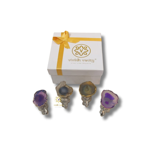 Glimmer Tusks - Silver Finish Metal Elephant Candle Holder Set of 4 with Agate base Gift Box with Candles