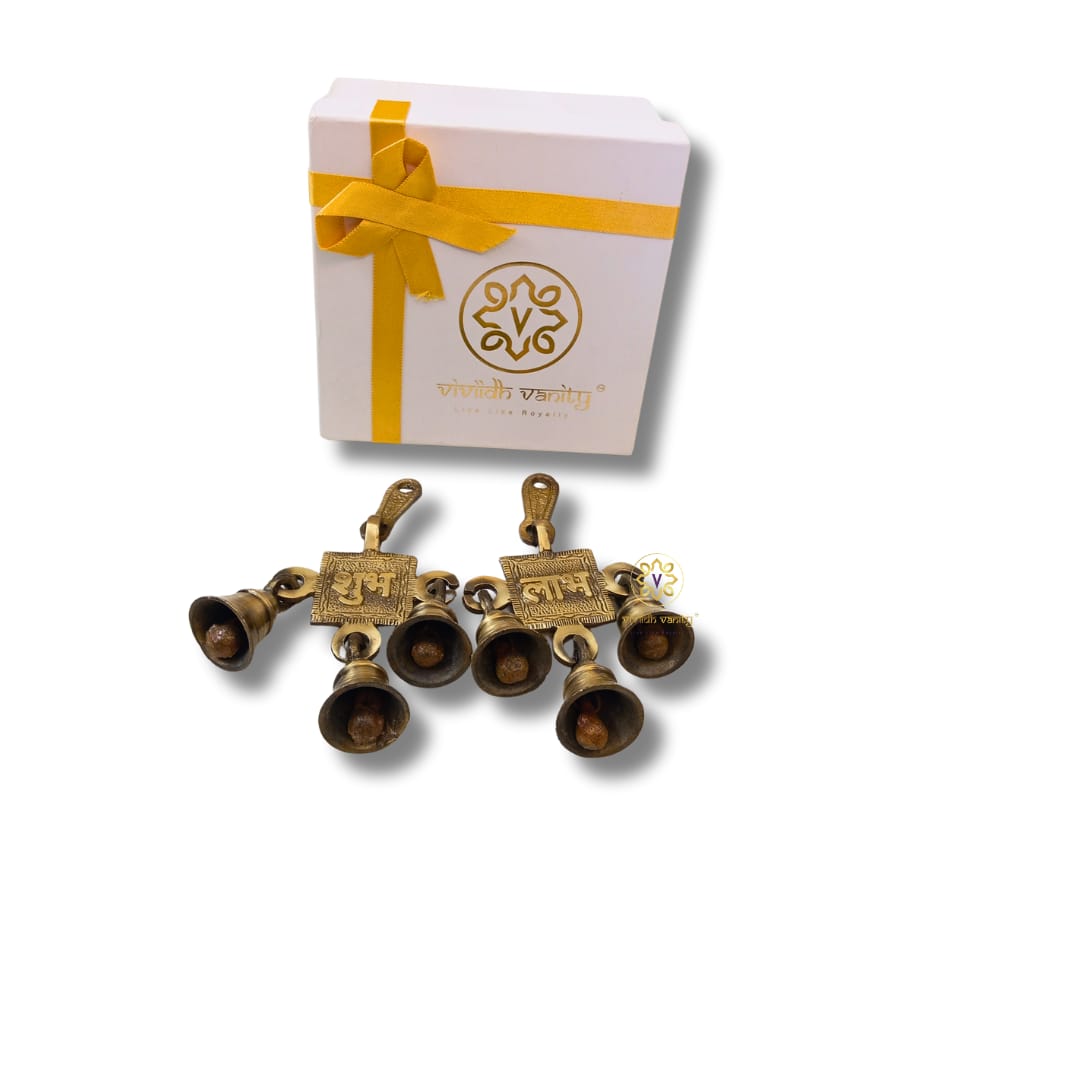 Samriddhi ShubhLabh Bells – Brass Hanging Pair with Auspicious Script & Bells – Brass Antique Finish | Pooja Decor | Diwali Gifting | Home Decor | Housewarming Gift