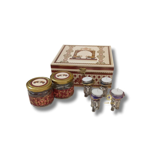 Glimmer Tusks - Silver Finish Metal Elephant Candle Holder Set of 4 with Agate base with Candles Festive Box