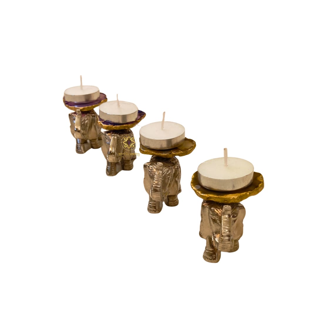 Glimmer Tusks - Silver Finish Metal Elephant Candle Holder Set of 4 with Agate base with Candles Festive Box