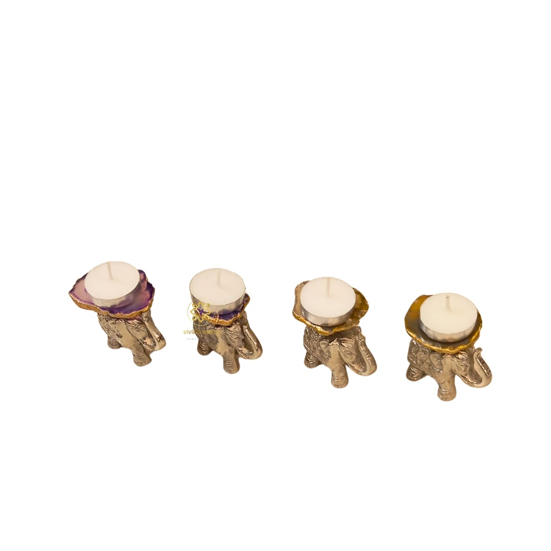 Glimmer Tusks - Silver Finish Metal Elephant Candle Holder Set of 4 with Agate base with Candles Festive Box