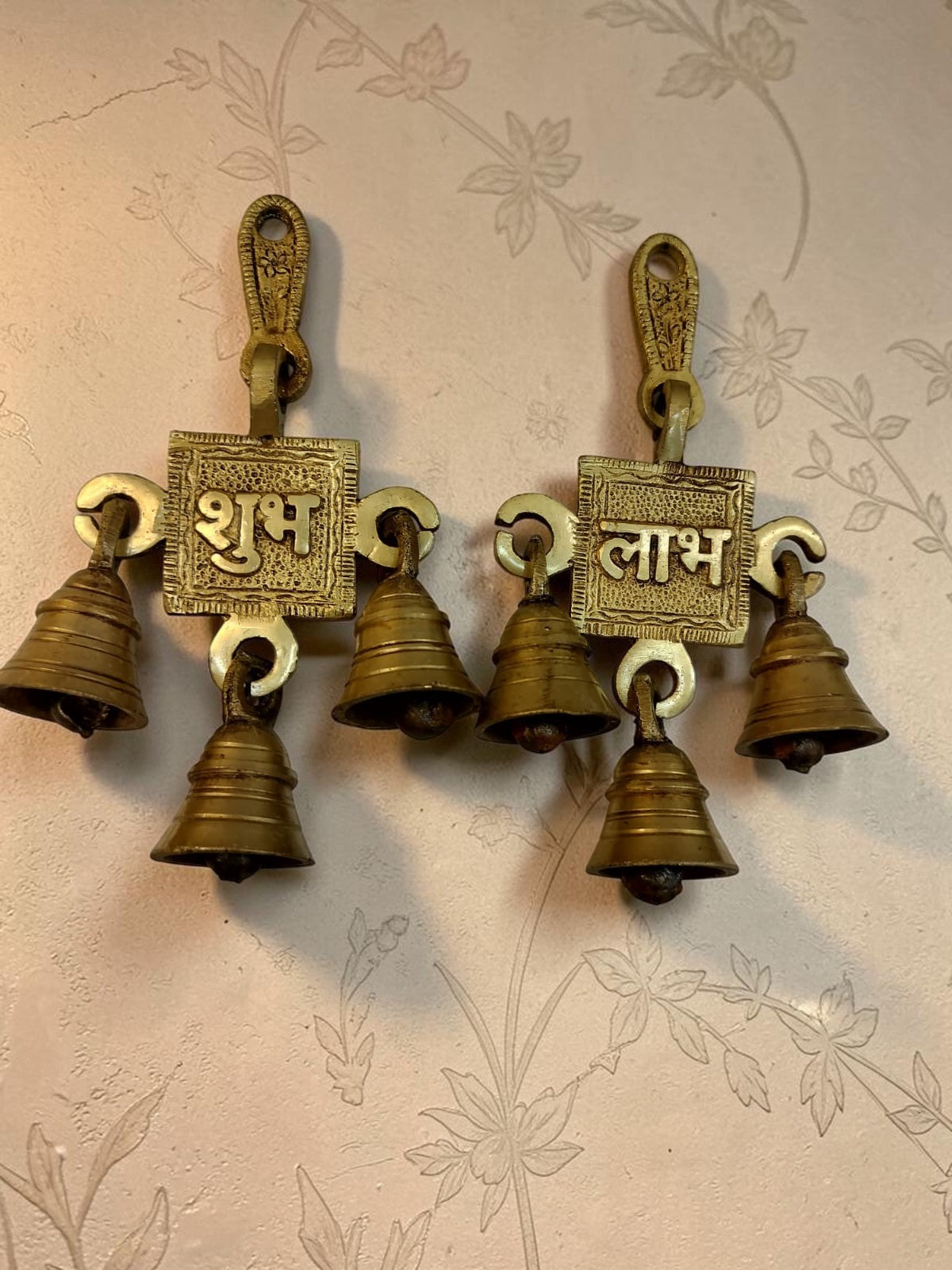 Samriddhi ShubhLabh Bells – Brass Hanging Pair with Auspicious Script & Bells – Brass | Pooja Decor | Diwali Gifting | Home Decor | Housewarming Gift