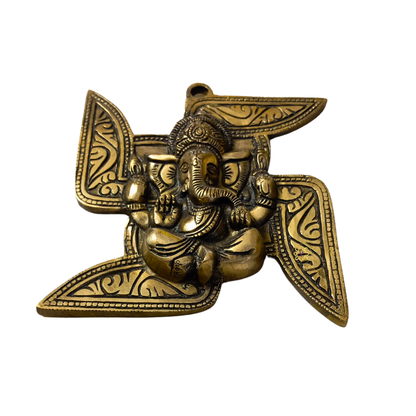 Vighnaharta Swastik – Brass Wall Hanging of Ganesh ji & Swastik Antique FInish – Brass | Pooja Decor | Wedding Gift | Home Decor | Housewarming Gift