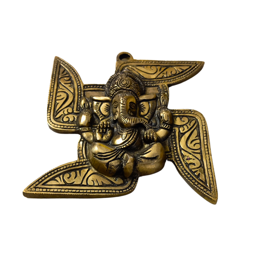 Vighnaharta Swastik – Brass Wall Hanging of Ganesh ji & Swastik Antique FInish – Brass | Pooja Decor | Wedding Gift | Home Decor | Housewarming Gift