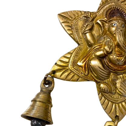 ShubhNakshatra Ganesh ji – Star-Shaped Brass Wall Hanging with 3 Hanging Bells – Brass | Pooja Decor | Diwali Gifting | Home Decor | Housewarming Gift