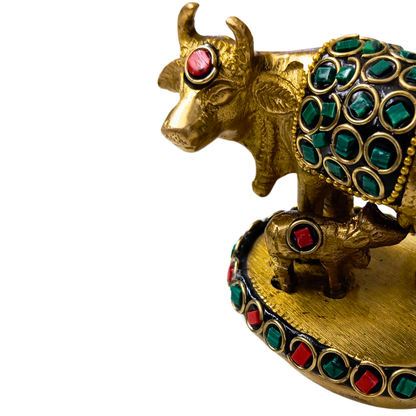 Kamdhenu Saubhagya Red & Green Medium  – Stonework Finish Brass Cow-Calf Pair on Embellished Base – Brass | Diwali Gifting | Home Decor | Housewarming Gift | Corporate Gifting
