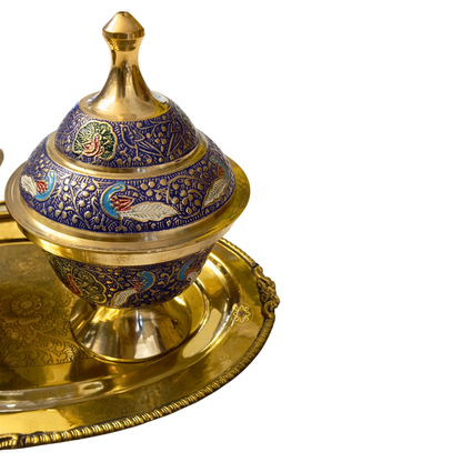 Peacock Regalia Set – Majestic Brass Dry Fruit Bowls with Blue Meenakari & Tray – Brass | Diwali Gifting | Home Decor | Housewarming Gift | Wedding Gift