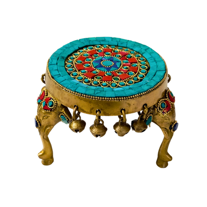 Shringar Vedika – Handcrafted Brass Chowki with Colourful Stonework & Bells – Brass | Pooja Decor | Diwali Gift | Home Decor | Housewarming Gift