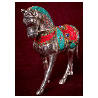 Raj Vilas Ghoda – Silver Finish Metal Horse with Handcrafted Stonework – Premium Gifting | Home Decor | Vastu Decor | Feng Shui