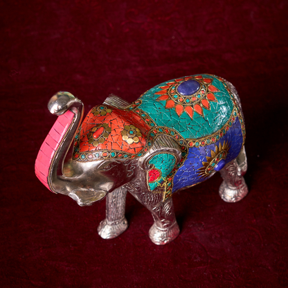 Raj Vilas Hathi – Silver Finish Metal Elephant with Handcrafted Stonework – Pooja Decor | Dining Table Use | Premium Gifting | Home Decor | Vastu Decor | Feng Shui
