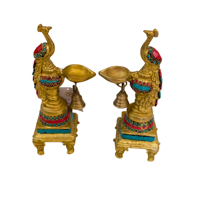 DivyaMor Diya – Pure Brass Peacock Diya with Stone Work – Brass | Pooja Items | Diwali Gifting | Home Decor | Housewarming Gift