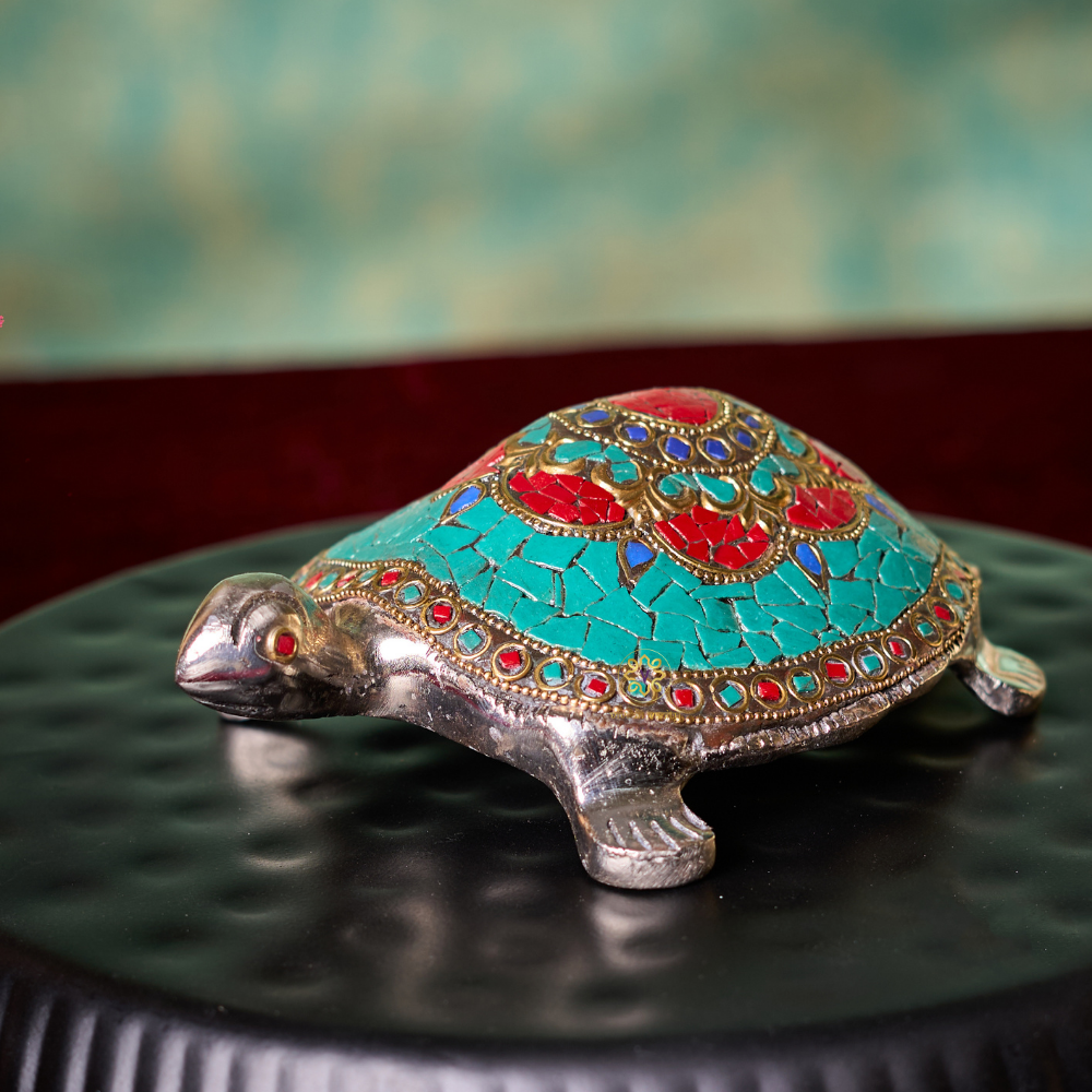 Raj Vilas Kachua – Silver Finish Metal Tortoise with Handcrafted Stonework – Premium Gifting | Home Decor | Vastu Decor | Feng Shui