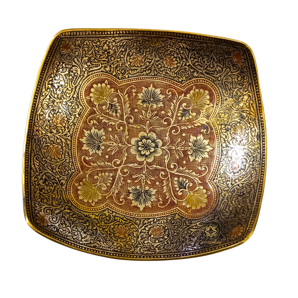 Pushp Saaj Thaal – Square-Edged Brass Platter with Floral Meenakari Art – Brass | Diwali Gifting | Home Decor | Housewarming Gift | Corporate Gifting
