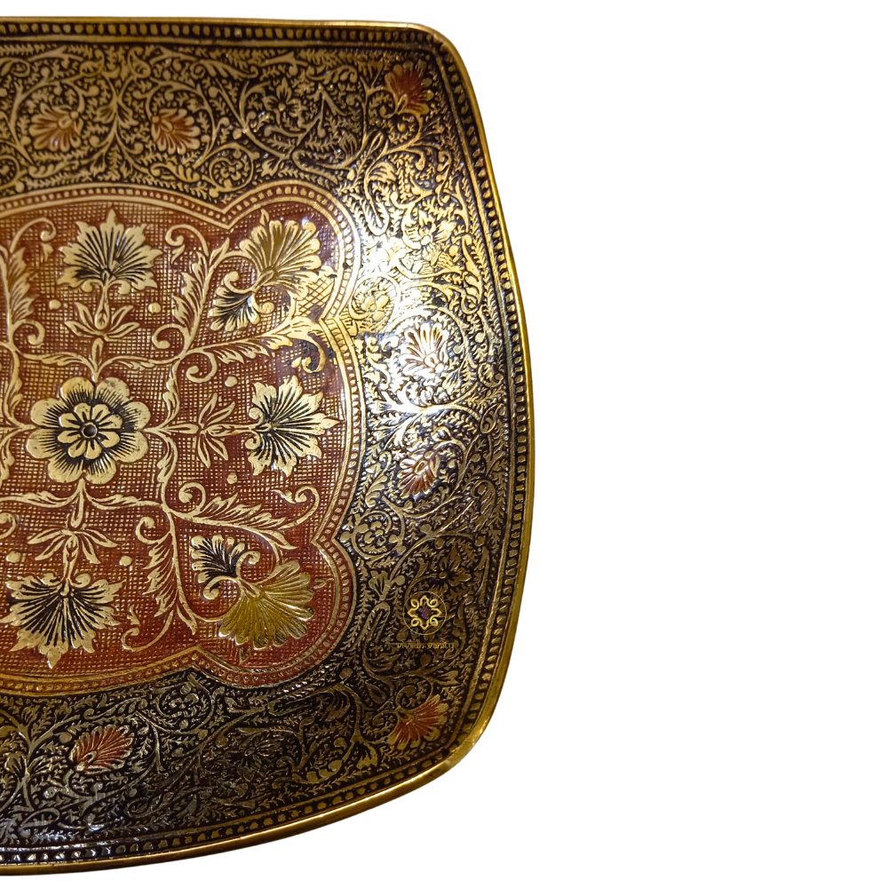 Pushp Saaj Thaal – Square-Edged Brass Platter with Floral Meenakari Art – Brass | Diwali Gifting | Home Decor | Housewarming Gift | Corporate Gifting