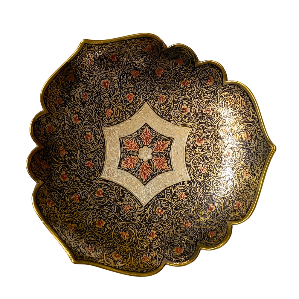 Shahi Raat Thaal – Night-Hued Brass Platter with Flower Motifs – Brass | Diwali Gifting | Home Decor | Housewarming Gift | Corporate Gifting