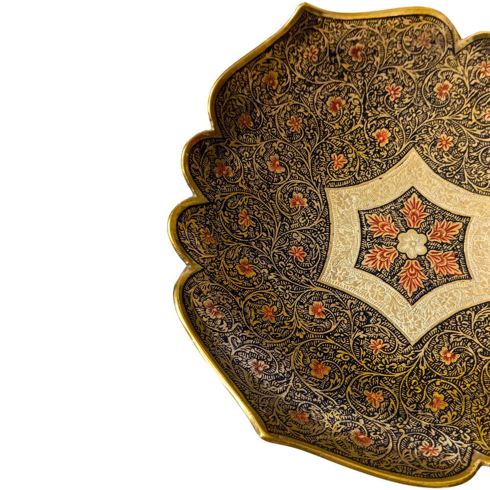 Shahi Raat Thaal – Night-Hued Brass Platter with Flower Motifs – Brass | Diwali Gifting | Home Decor | Housewarming Gift | Corporate Gifting