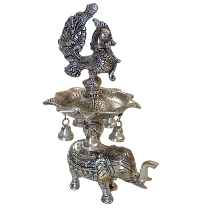 Gaj Mayur Samai – German Silver Traditional Lamp with Elephant Base & Peacock Finial – Diwali Gifting | Pooja Decor | Home Decor | Housewarming Gift | Wedding Gift