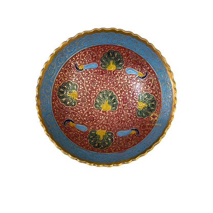 MorRaga Bowl – Brass Pedestal Bowl with Red & Blue Meenakari & Peacock Motifs – Brass | Diwali Gifting | Home Decor | Housewarming Gift | Wedding Gift