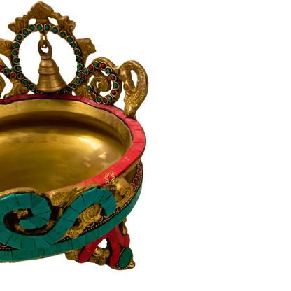 NrityaMandala Urli – Brass Urli with Stone Work & Bell Arch – Brass | Diwali Gifting | Home Decor | Housewarming Gift | Corporate Gifting