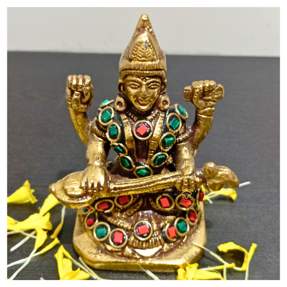 RatnaTriveni Sampatti Set – Brass Lakshmi Ganesh Saraswati Idol Set with Stone Embellishments – Brass | Pooja Decor | Wedding Gift | Home Decor | Housewarming Gift