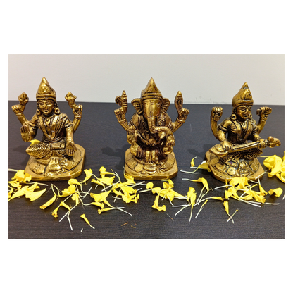 Triveni Sampatti Set – Brass Idol Trio of Lakshmi, Ganesha & Saraswati in Antique Finish – Brass | Pooja Decor | Wedding Gift | Home Decor | Housewarming Gift