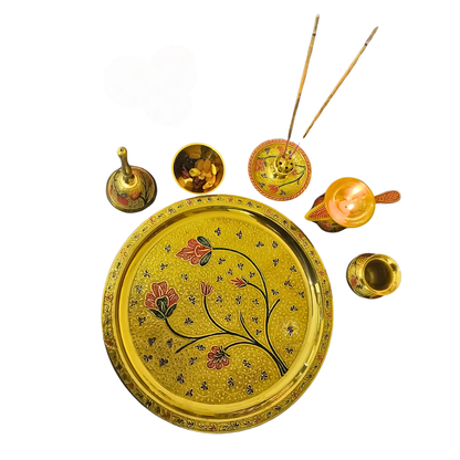 DivyaPushp Aaradhna Set – Brass Pooja Set with Floral Meenakari Detailing – Brass | Pooja Decor | Wedding Gift | Home Decor | Housewarming Gift