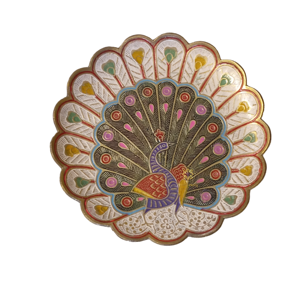 Rasrang Mayur Thaal – 7 inch Handcrafted Brass Platter with Colourful Meenakari Work – Brass | Diwali Gifting | Home Decor | Housewarming Gift | Wedding Gift