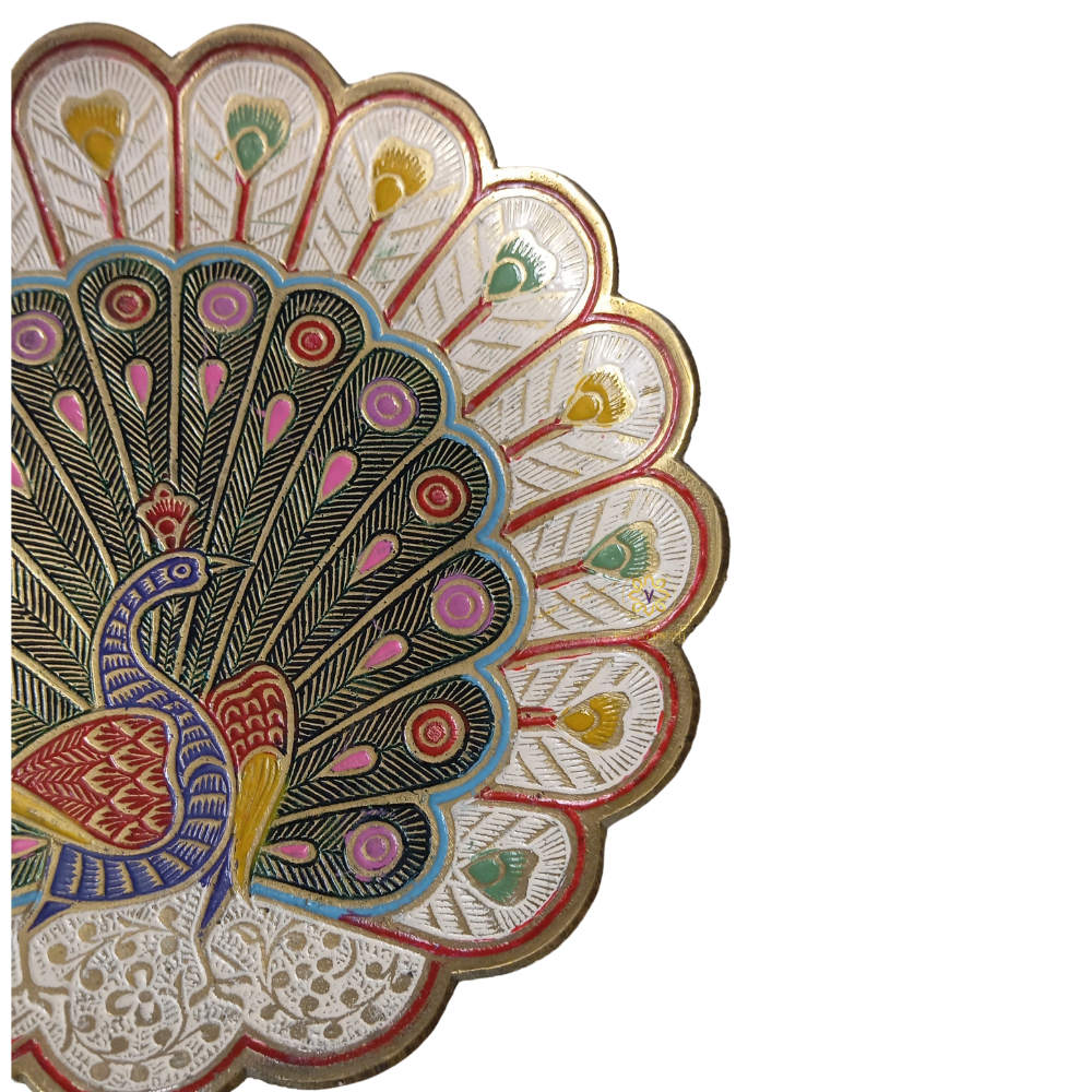 Rasrang Mayur Thaal – 7 inch Handcrafted Brass Platter with Colourful Meenakari Work – Brass | Diwali Gifting | Home Decor | Housewarming Gift | Wedding Gift