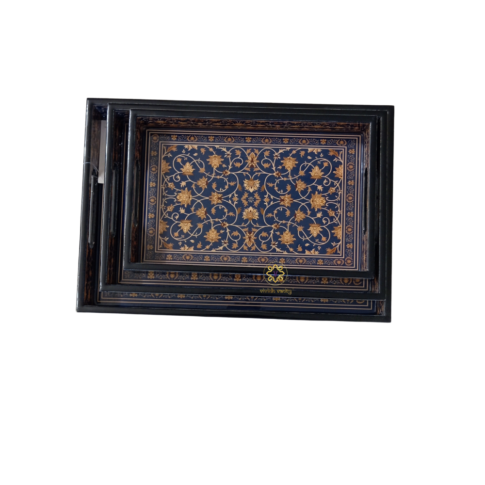 Noor-e-Neel Tray Set – Epoxy Coated MDF Rectangle Tray Set of 3 – Diwali Gifting | Home Decor | Housewarming Gift | Wedding Gift | Corporate Gifting