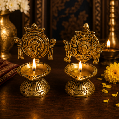 Vaikuntha Jyoti Set – Brass Shankh & Chakra Diya Pair – Brass | Pooja Items | Diwali Gifting | Home Decor | Housewarming Gift