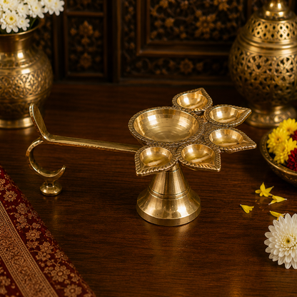KarJyoti Deepam – Brass Hand-Held Panchmukhi Aarti Diya – Brass | Pooja Items | Diwali Gifting | Home Decor | Housewarming Gift