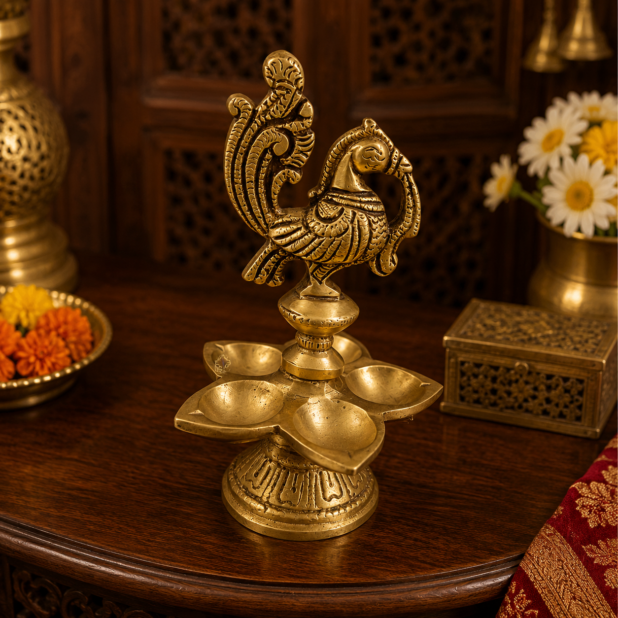 PanchJyoti Mayura – Brass Peacock Diya with 5 Wick Holders – Brass | Pooja Items | Diwali Gifting | Home Decor | Housewarming Gift