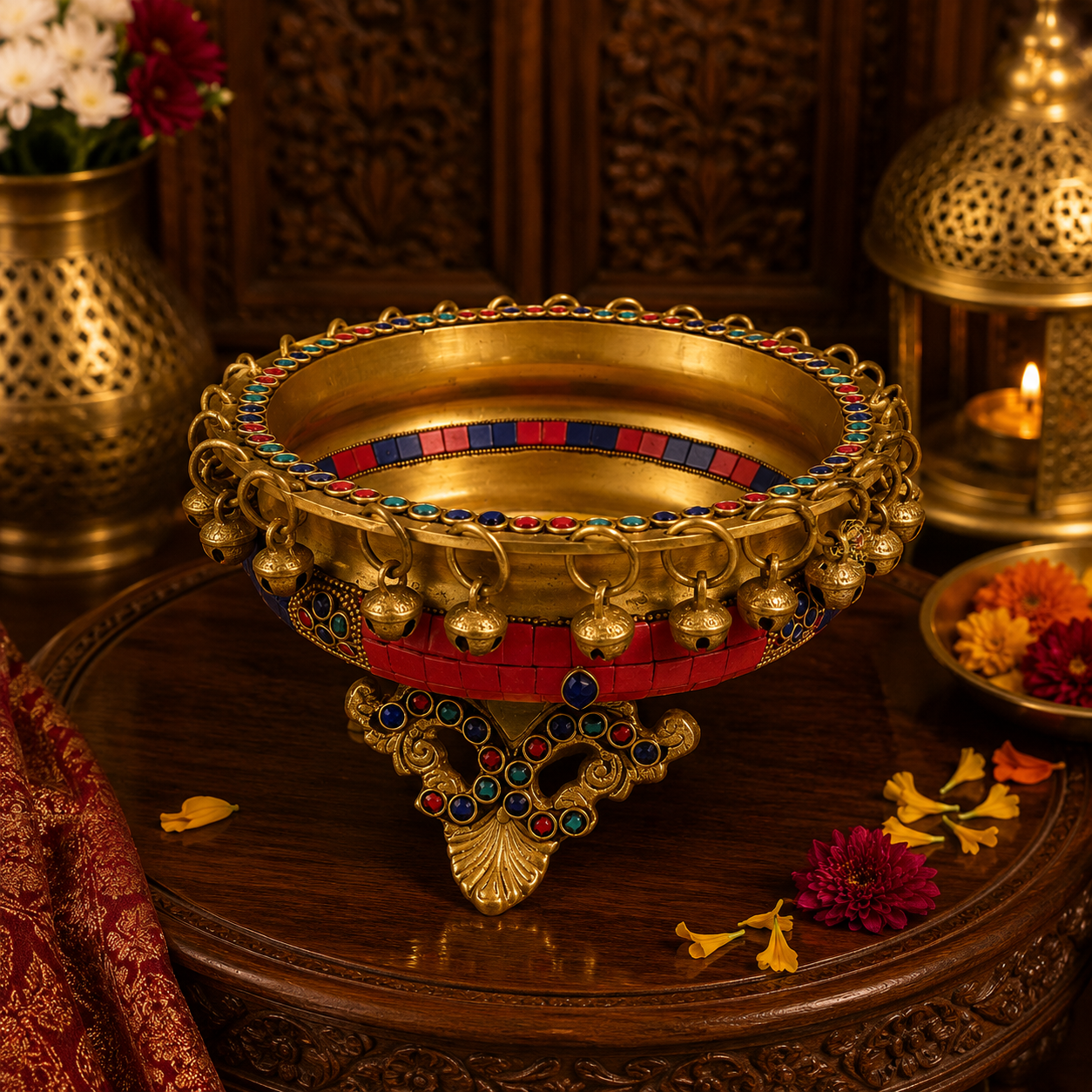Shringar Urli – Brass Urli with Stone Work & Ghungroos – Brass | Diwali Gifting | Home Decor | Housewarming Gift | Corporate Gifting