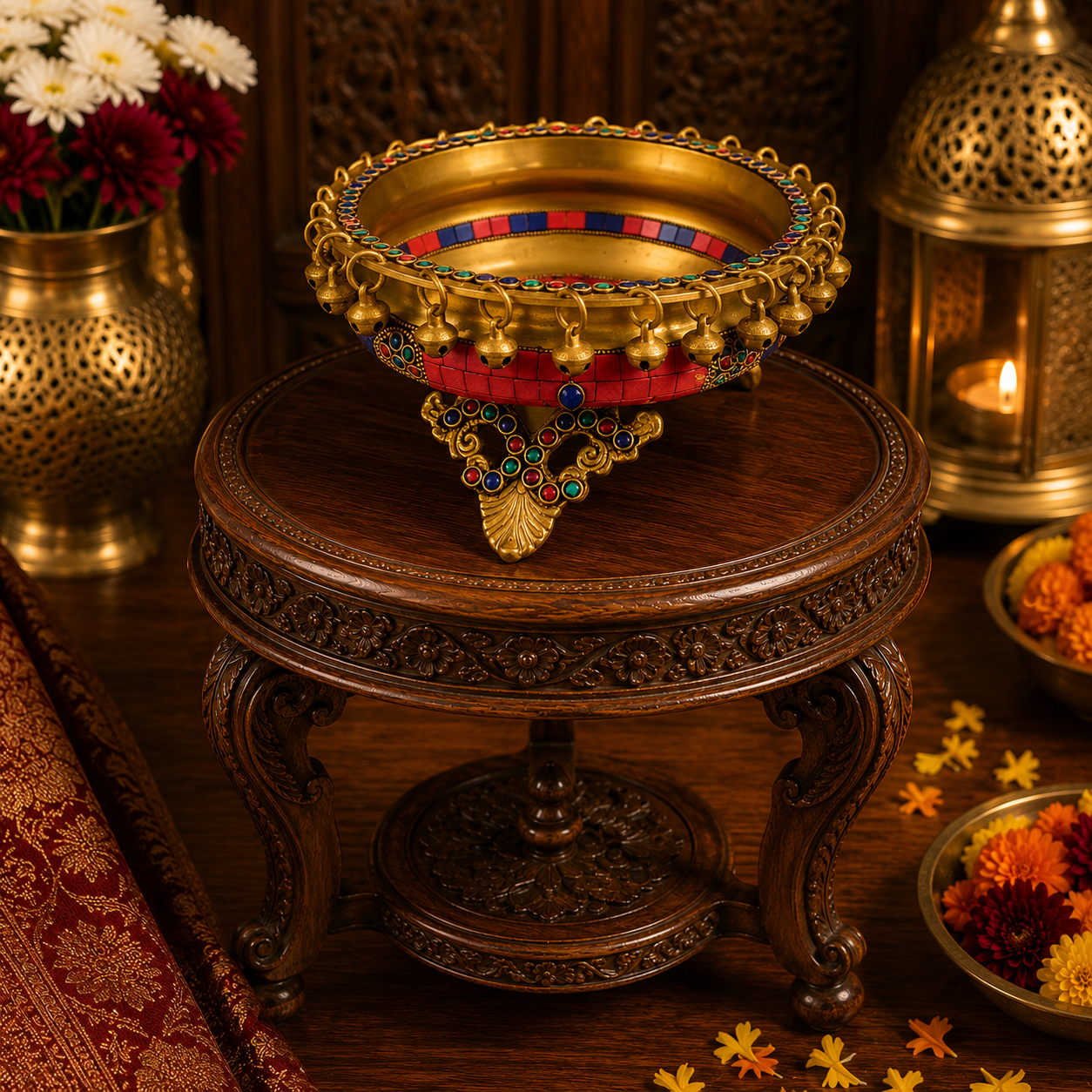 Shringar Urli – Brass Urli with Stone Work & Ghungroos – Brass | Diwali Gifting | Home Decor | Housewarming Gift | Corporate Gifting
