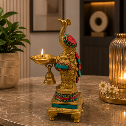 DivyaMor Diya – Pure Brass Peacock Diya with Stone Work – Brass | Pooja Items | Diwali Gifting | Home Decor | Housewarming Gift