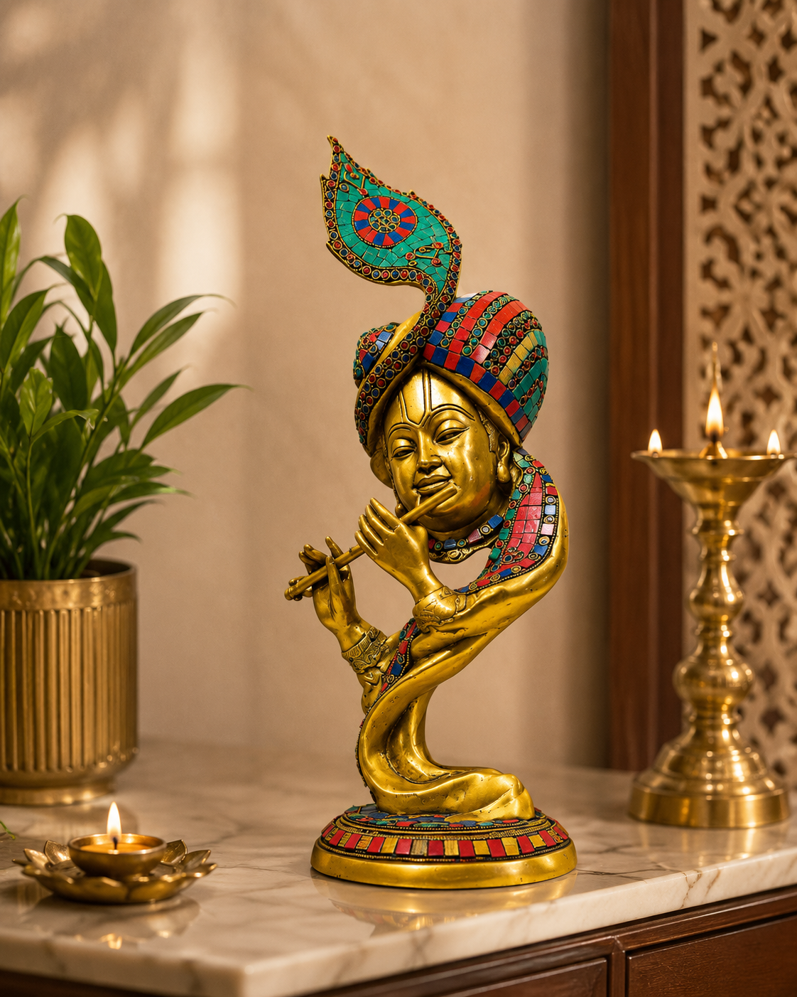 Shri Ratna MurliManohar – Pure Brass Krishna Idol with Semi-Precious Stone Work – Brass | Pooja Items | Diwali Gifting | Home Decor | Housewarming Gift