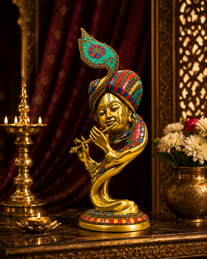 Shri Ratna MurliManohar – Pure Brass Krishna Idol with Semi-Precious Stone Work – Brass | Pooja Items | Diwali Gifting | Home Decor | Housewarming Gift