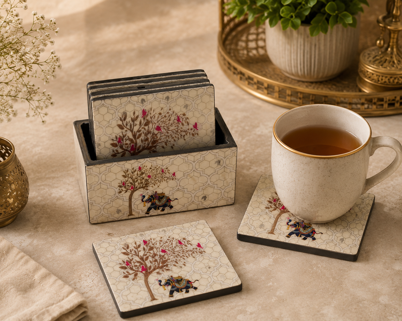Raj  Ivory Coaster Set – Epoxy Coated MDF Coaster Set of 6 with Holder – Diwali Gifting | Home Decor | Housewarming Gift | Wedding Gift | Corporate Gifting