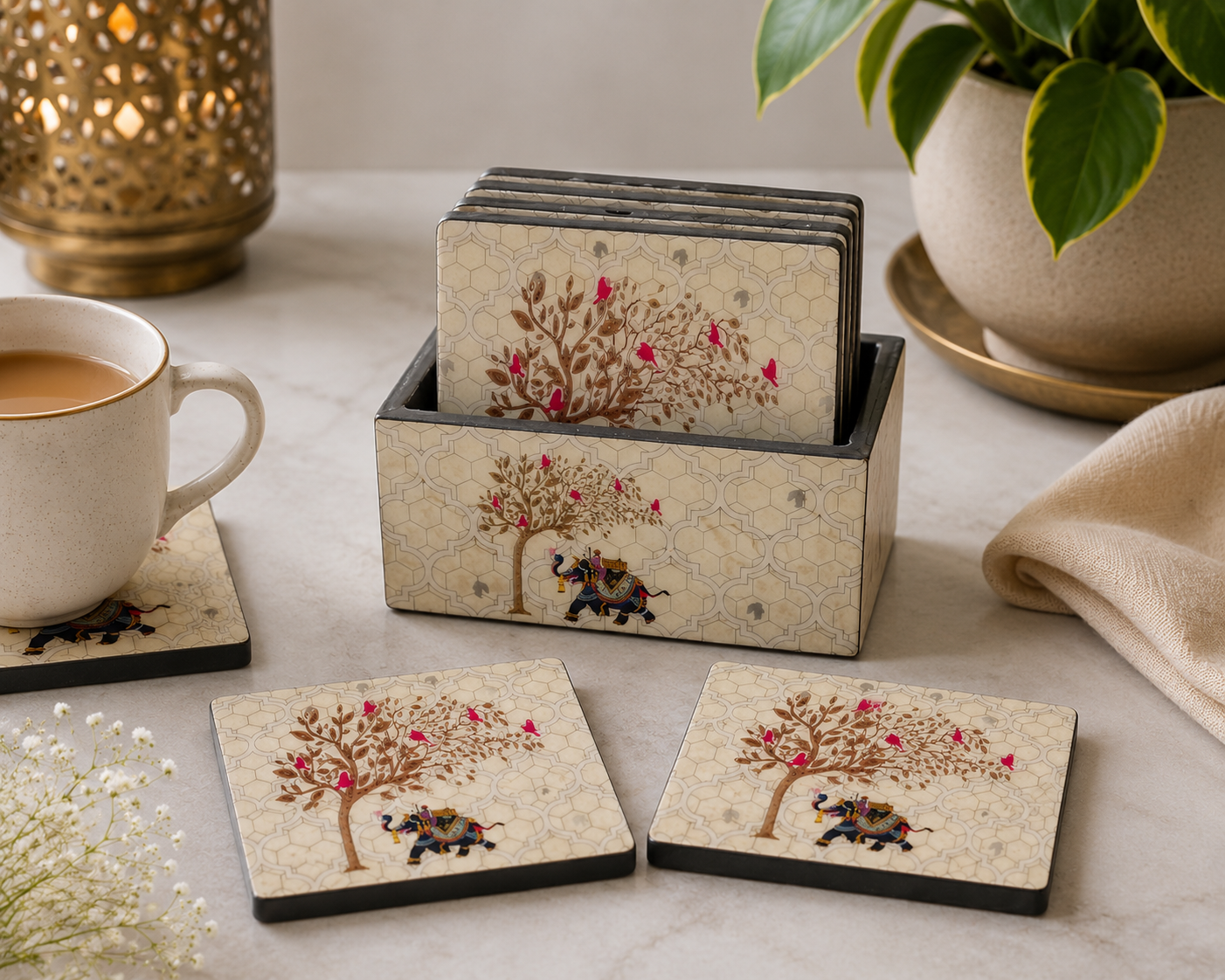 Raj  Ivory Coaster Set – Epoxy Coated MDF Coaster Set of 6 with Holder – Diwali Gifting | Home Decor | Housewarming Gift | Wedding Gift | Corporate Gifting
