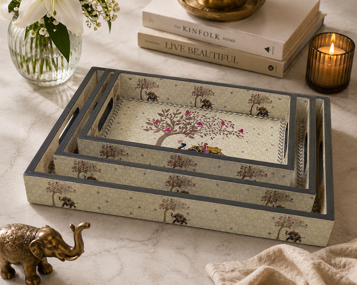 Raj Ivory Tray Set - Epoxy Coated MDF Rectangle Tray Set of 3 – Diwali Gifting | Home Decor | Housewarming Gift | Wedding Gift | Corporate Gifting