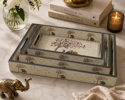 Raj Ivory Tray Set - Epoxy Coated MDF Rectangle Tray Set of 3 – Diwali Gifting | Home Decor | Housewarming Gift | Wedding Gift | Corporate Gifting