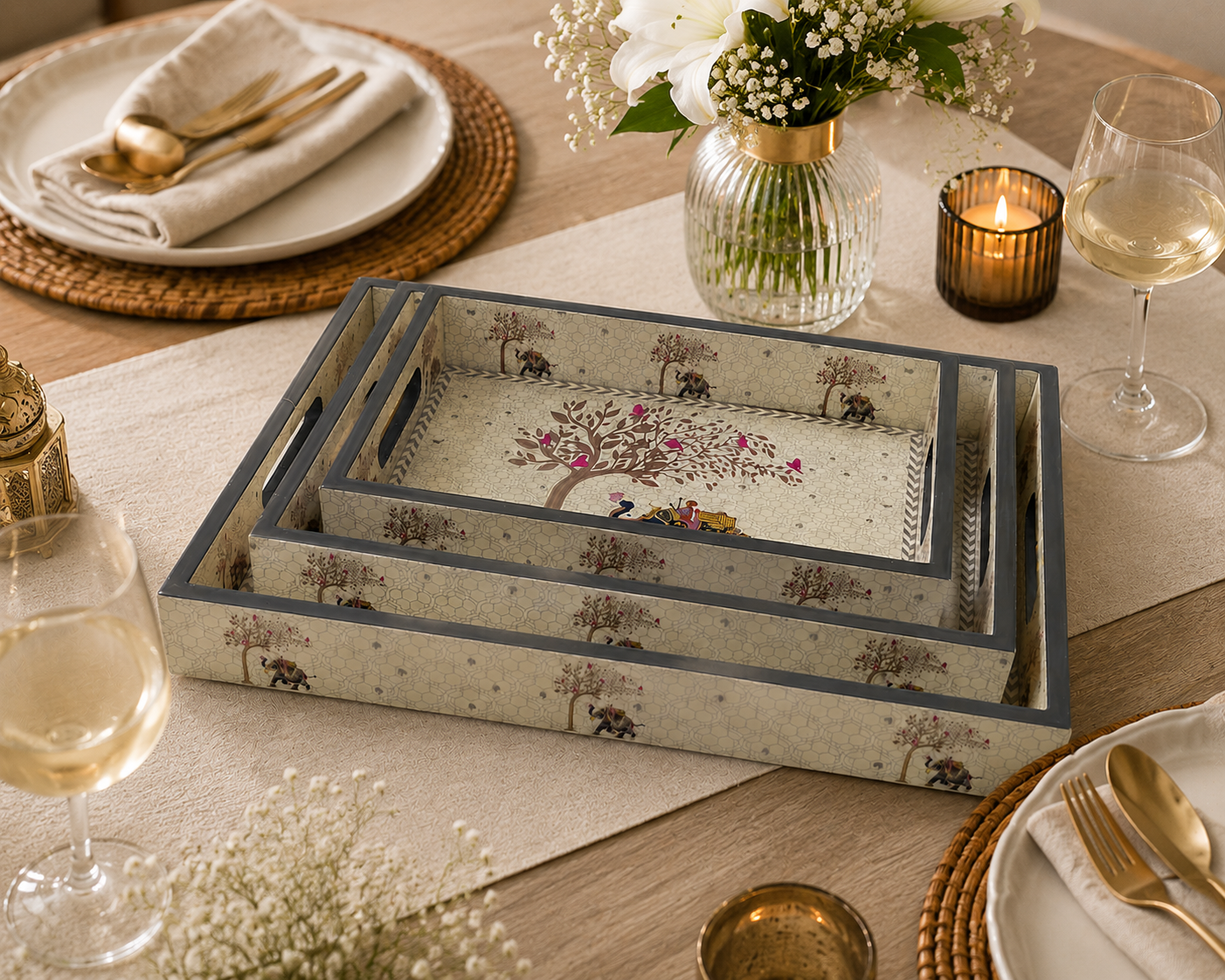 Raj Ivory Tray Set - Epoxy Coated MDF Rectangle Tray Set of 3 – Diwali Gifting | Home Decor | Housewarming Gift | Wedding Gift | Corporate Gifting