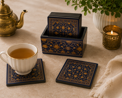 Noor-e-Neel Coaster Set – Epoxy Coated MDF Coaster Set of 6 with Holder – Diwali Gifting | Home Decor | Housewarming Gift | Wedding Gift | Corporate Gifting