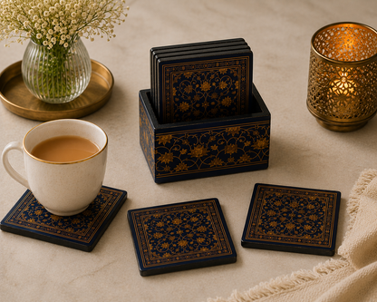 Noor-e-Neel Coaster Set – Epoxy Coated MDF Coaster Set of 6 with Holder – Diwali Gifting | Home Decor | Housewarming Gift | Wedding Gift | Corporate Gifting