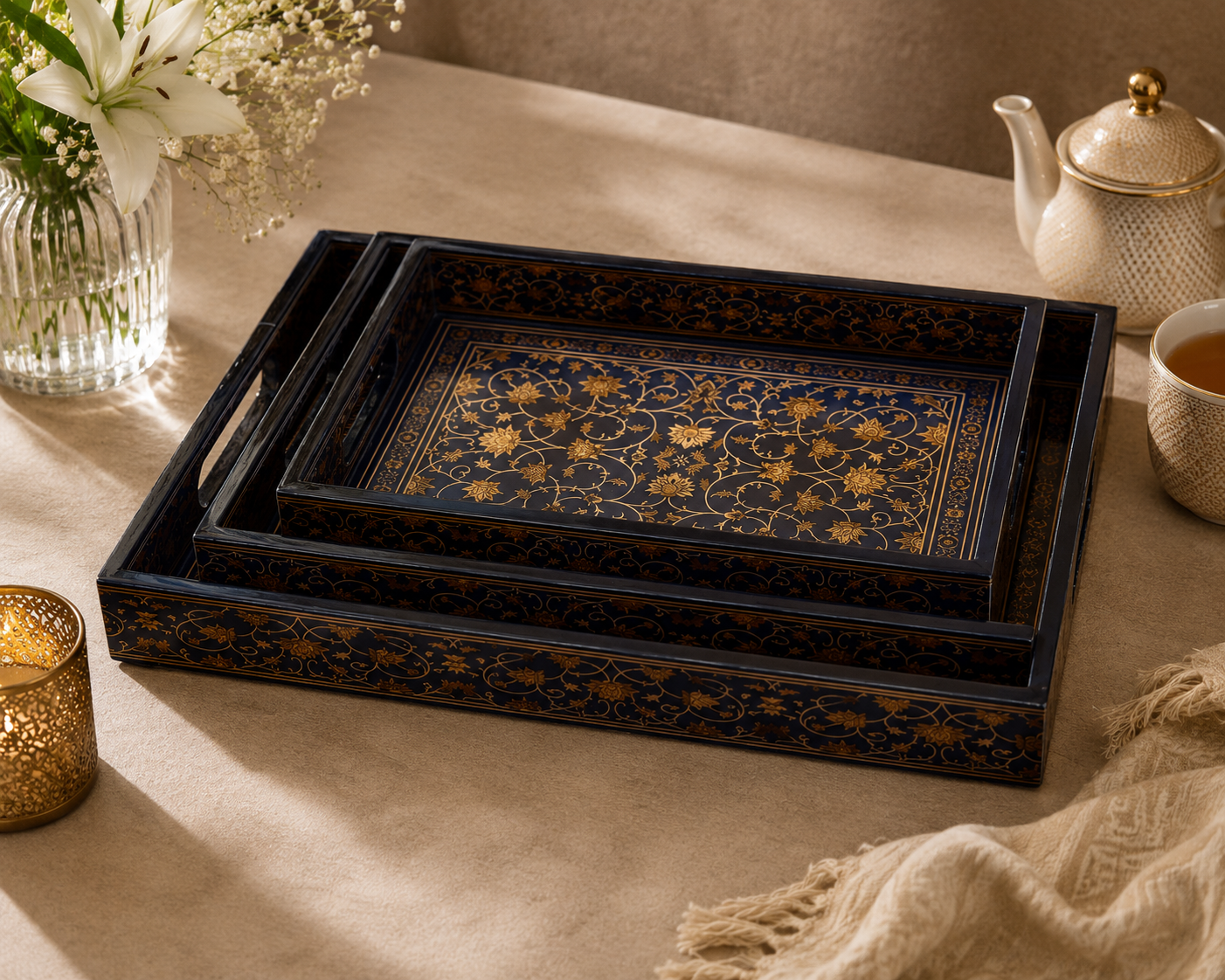 Noor-e-Neel Tray Set – Epoxy Coated MDF Rectangle Tray Set of 3 – Diwali Gifting | Home Decor | Housewarming Gift | Wedding Gift | Corporate Gifting