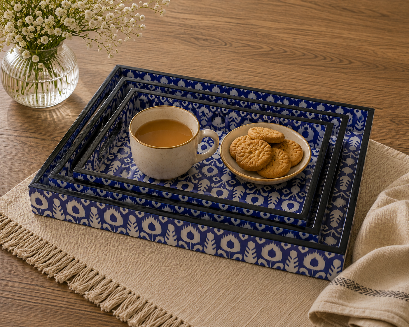 Ikkat Aura Tray Set – Epoxy Coated MDF Rectangle Tray Set of 3 – Diwali Gifting | Home Decor | Housewarming Gift | Wedding Gift | Corporate Gifting
