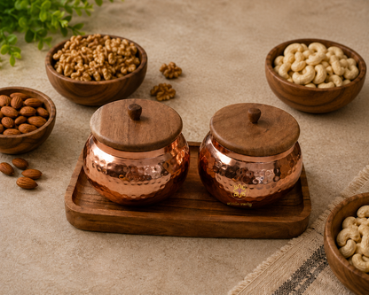 Vedh Copper Set – Wooden Tray with 2 Copper-Coated Metal Jars & Airtight Wooden Lids – Diwali Gifting | Home Decor | Housewarming Gift | Wedding Gift | Corporate Gifting