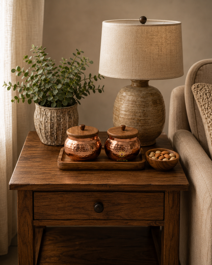 Vedh Copper Set – Wooden Tray with 2 Copper-Coated Metal Jars & Airtight Wooden Lids – Diwali Gifting | Home Decor | Housewarming Gift | Wedding Gift | Corporate Gifting