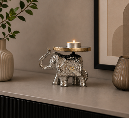 Glimmer Tusks - Silver Finish Metal Elephant Candle Holder Set of 4 with Agate base – Dining Table Use | Housewarming Gifting | Home DecorHolder Set of 4 with Agate base